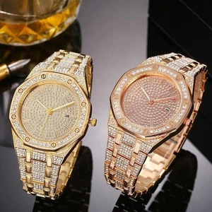 Quartz Watch Plated Mens Iced Diamond Gold Luxury Simulated Date Bling Hip Hop - Picture 1 of 14