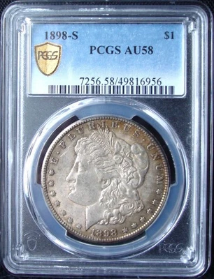 Серебряный Моргановский доллар 1898-S - PCGS AU 58 - Золотой щит - Изображение 1 из 4