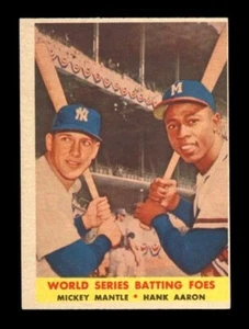 1958 TOPPS #418 MICKEY MANTLE & HANK AARON WORLD SERIES BATTING FOES NM-MT SHARP - Picture 1 of 2