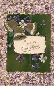 Goldgeprägte lila und weiße Blumen Gold Glocken Weihnachten Postkarte  - Bild 1 von 2