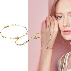 Flongo Hand Chain Finger Ring Bracelet for Women Dainty 14k Gold Plated Wedding - Picture 1 of 29