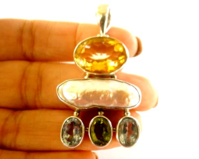 Colgante de plata de ley 925 peridoto peridoto azul citrino dorado peridoto Biwa Foto 1 de 4
