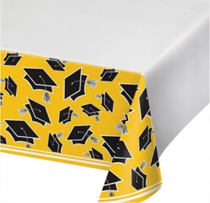 GRADUATION Party YELLOW plastic TABLE COVER 1 tablecloth school colors 54"x102" - Foto 1 di 1