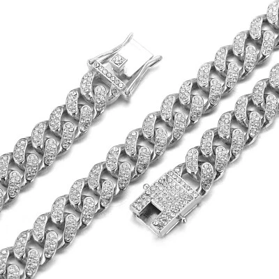 Cadena de Oro para Hombres Chicos 14MM Ancho Cadena de Eslabones Cubanos Tono Plateado Helado Real... Foto 1 de 4