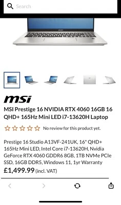 MSI Prestige 16 NVIDIA RTX 4060 16GB 16QHD+ 165Hz Mini LED i7-13620H Laptop - Image 1 of 2
