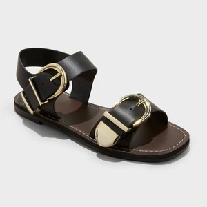 Women's Mira Double Buckle Flat Sandals - Universal Thread Black 10 - Picture 1 of 4
