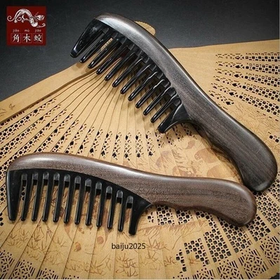Peine dentado con mango de madera ancho antiestático natural peine de pelo de búfalo negro Foto 1 de 4
