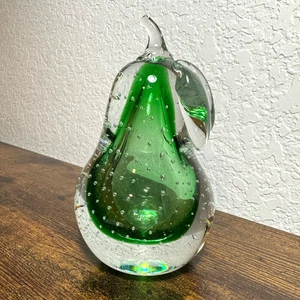 Vintage Murano Like Art Glass Green Clear w/Controlled Bubbles Pear Fruit - Picture 1 of 8