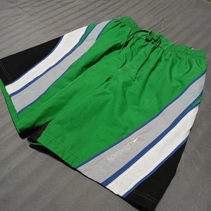 Speedo Swim Trunks Mens L Black Green Colorblock Elastic Waist Stretch Shorts - Picture 1 of 12