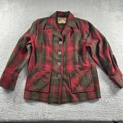VINTAGE 1950s Bemidji Woolen Mills Wool Shirt Mens Small Red Brown Plaid Button - Image 1 of 4