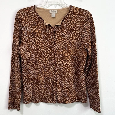 Suéter Neiman Marcus XL Botón Delantero Marrón Pluma Mezcla Seda Manga Larga De Colección Foto 1 de 4