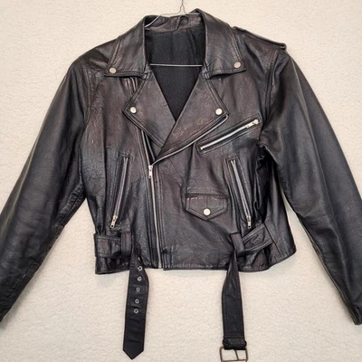 VINTAGE Womens Leather Fringe Motorcycle Jacket Zipper Belted XL - Note - Image 1 of 4