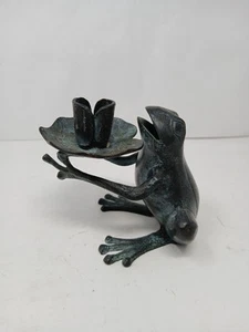 Brass Frog Figurine  Holding a Lily Pad Candleholder. Sculpture is Aged Patina.  - Picture 1 of 6