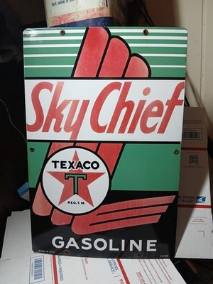 Large Rare Texaco Sky Chief Gasoline Gas Pump Plate 18"x12" Porcelain Metal Sign - Image 1 of 4