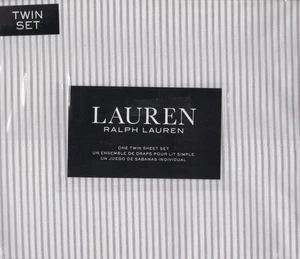 Ralph Lauren Twin Sheet Set Oxford Stripe Grey 3pc Cottage Farmhouse Chic White - Picture 1 of 5