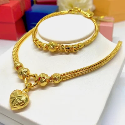 24K Gold Thai Jewelry Set Yellow Plated Heart Charm Necklace & Bracelet Gift - Image 1 of 4