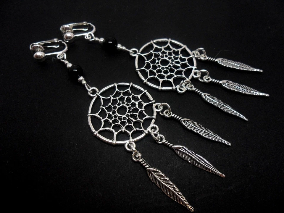 A PAIR OF LONG DANGLY ONYX BEAD DREAMCATCHER CLIP ON EARRINGS. NEW. - Image 1 of 1