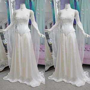 Vintage Chiffon Wedding Dresses with Detachable Long Flared Sleeve Bridal Gown - Picture 1 of 12