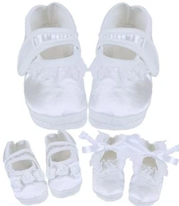 BabyPrem Baby Girls White Christening Booties Shoes Parties Weddings 0 - 3 m - Picture 1 of 5