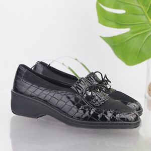 Ara Women's Rachel Loafer Size 6.5 Low Wedge Slip On Shoe Black Patent Croc Bow