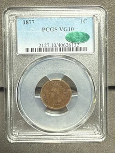 1877 Indian Head Cent 1C PCGS VG10 Green CAC Key Date Penny - Picture 1 of 6