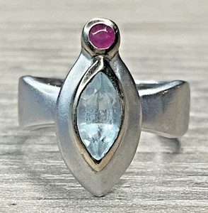 Modernist Blautopas Marquise Granat Krone Ring matt Sterling 925 Gold Vermeil - Bild 1 von 14