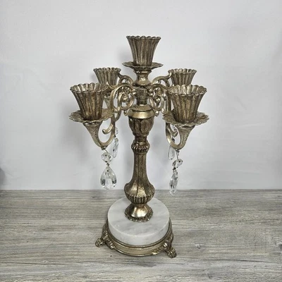Vintage 5-Arm Crystal Candelabra/Taper Ornate Candlestick | Metal, Marble - Image 1 of 4