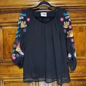 Savanna Jane Blouse Womens M Black Embroidered Lined Floral Swiss Dot Boho Tunic - Picture 1 of 8