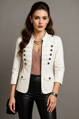 Chaqueta de autoestima Y2K para mujer XL blanca adornada con botón de escudo de inspiración militar Foto 1 de 4