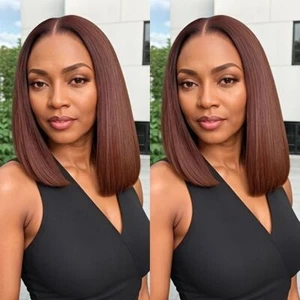 Dark Brown Bob Wig Short Straight 13x4 Lace Front 100% Human Hair Wig Daily Used - Picture 1 of 7
