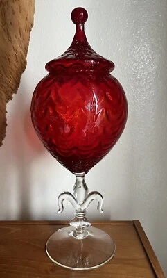 Vintage Empoli Italy Glass Jar Draped Amberina Red France Fleur De Lis  16" Tall - Image 1 of 4