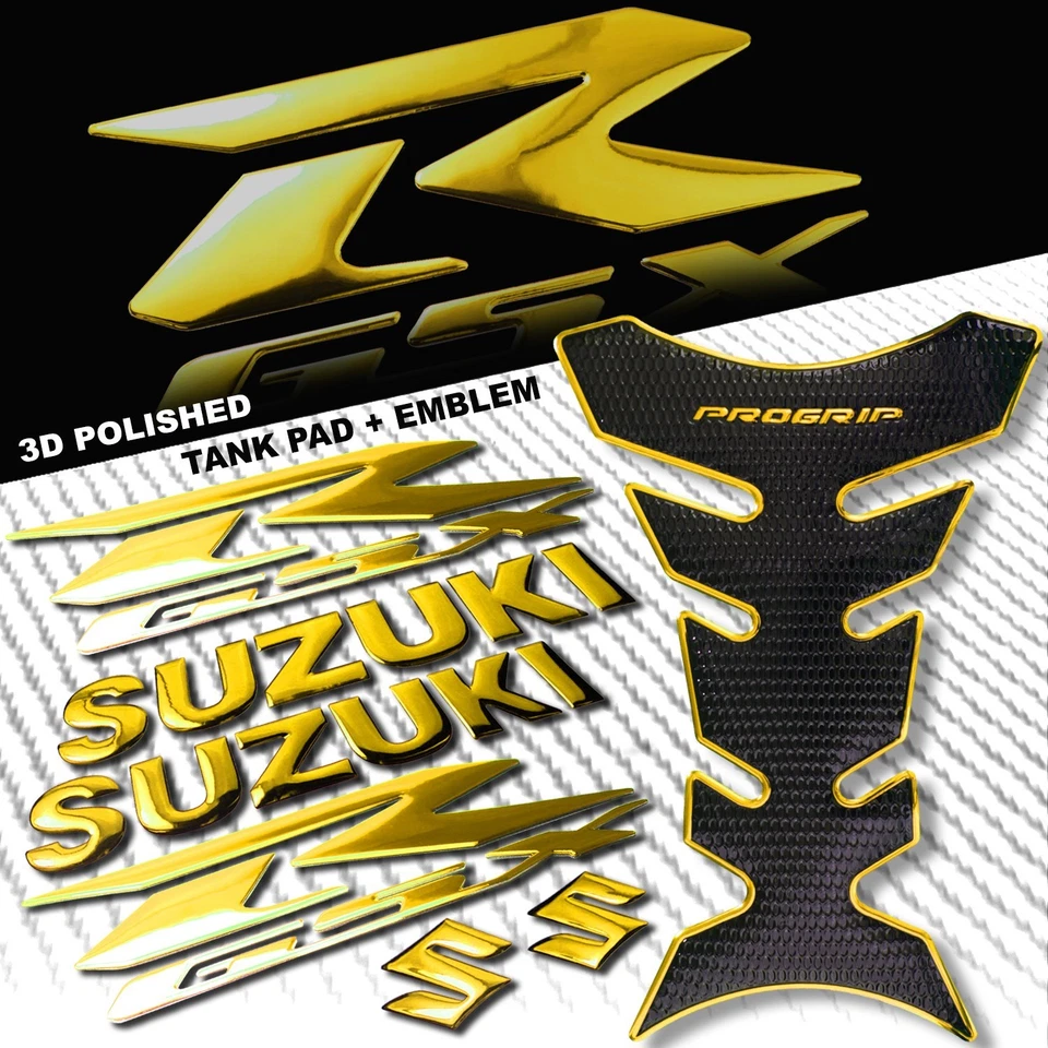 ALMOHADILLA PARA TANQUE DE COMBUSTIBLE ORO CROMADO PRO GRIP + LOGOTIPO SUZUKI 3D 8" + PEGATINA EMBLEMA CARENADO GSXR Foto 1 de 4