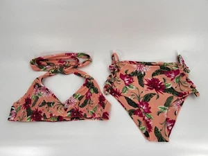Tori Praver Bikini 2 Piece Swimwear Pink Floral Halter Strappy High Waist Bottom - Picture 1 of 8
