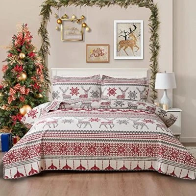  Christmas Bedspread Quilt Sets Size - Nordic Cabin Lodge King Red Gray - Image 1 of 4