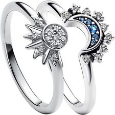 Celestial Blue Sparkling Moon Ring and Celestial Sparkling Sun 2pc Stacking Ring