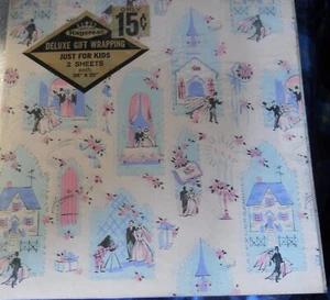 VINTAGE DENNISON HOCHZEITSSZENEN rosa & blau - GESCHENKVERPACKUNG 2 BLATT 20" X 30 C 1940 - Bild 1 von 4