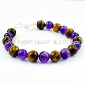 Natural Purple Amethyst & Yellow Tigers Eye Round Gemstone Beads Bracelets 7.5'' - Picture 1 of 7