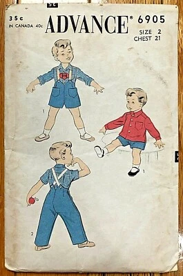 ADVANCE 6905 TODDLERS SHIRT, SUSPENDER PANTS & SHORTS PATTERN, SZ 2-UNUSED/FF - Image 1 of 3