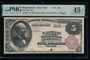 AC 1882 $5 First National Bank of Binghamton, New York Ch# 202 BB PMG 45EPQ - Picture 1 of 2