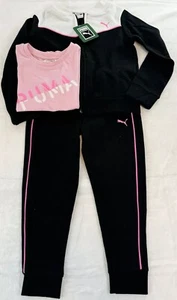 PUMA Girl's Fleece 3-Piece Set Sweatsuit Jacket joggers Black Pink size 5 NWT - Picture 1 of 13