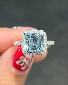 Asscher Cut 4.50 Ct Natural Aquamarine Diamond Wedding Ring 14K White Gold 6 7 8 - Picture 1 of 7