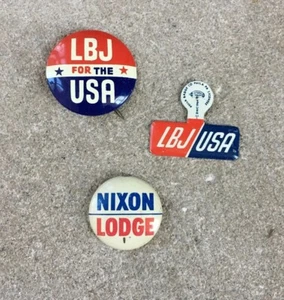 Lyndon Johnson LBJ Campaign Pins Buttons & ein Nixon Lodge Campaign Pin Button - Bild 1 von 3