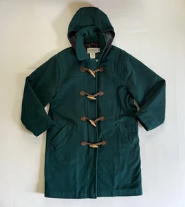 VINTAGE LL Bean Coat Women 12 Wool Green Duffle Toggle Plaid Lined Jacket USA - Picture 1 of 11