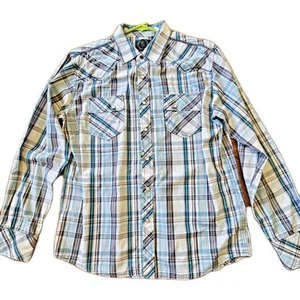 Western Mens Pearl Snap Indigo Star Shirt Long Sleeve Flap Pockets Gray/Teal SzM - Picture 1 of 15