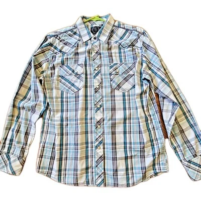 Западный мужской жемчуг Snap индиго звезда рубашка с длинным рукавом клапан карманы серый/бирюзовый SzM - Изображение 1 из 4