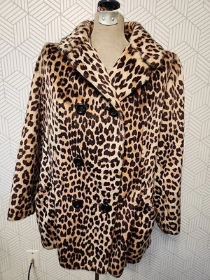 Vintage Leopard Print Double Breasted Pea Coat Women's Size Large Circa 1960s - Image 1 of 4