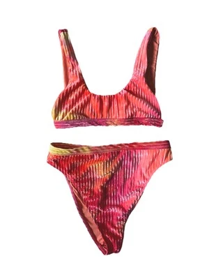 Dippin Daisy's ribbed pink orange bikini high waist sz Lg (sku181) - Imagem 1 de 4