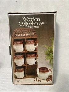 Neu im Karton Vintage Kaffeehaus aus Holz mit 6 Steingutbechern - Bild 1 von 4