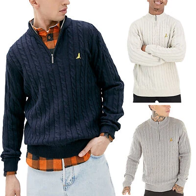 BRAVE SOUL Mens Cable Knit Cardigan Crew Neck Regular Warm Heavy Pullover Jumper - Image 1 of 4