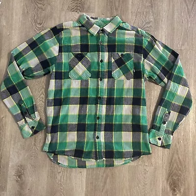RUSTY MEN’S SHIRT LARGE GREEN BROWN WHITE PLAID BUTTON FRONT LONG SLEEVES - Image 1 of 4